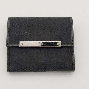 Gucci Black Canvas Trifold Wallet with Silver Tone Bar